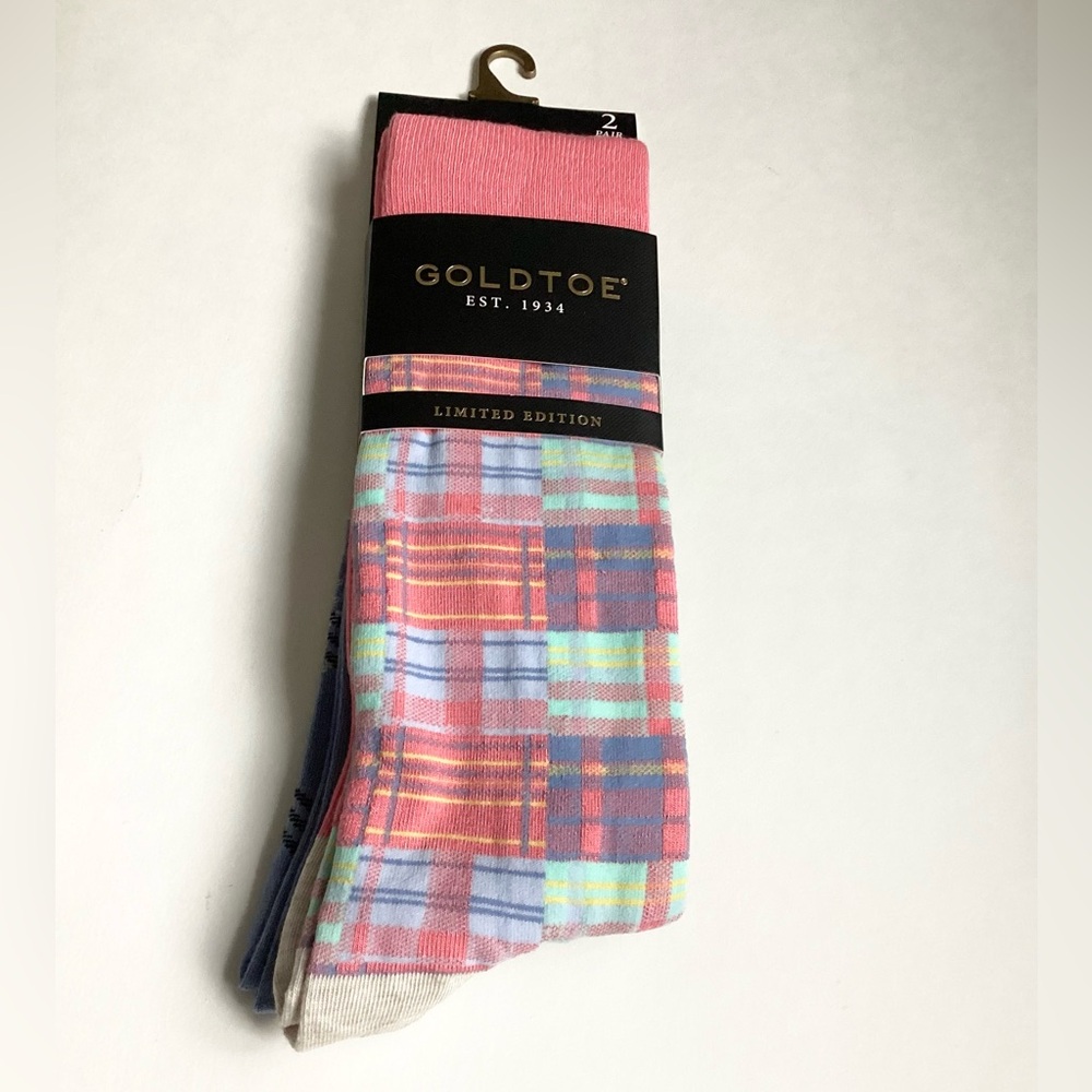 Gold Toe Plaid Socks Pink Blue 2 Pairs NWT